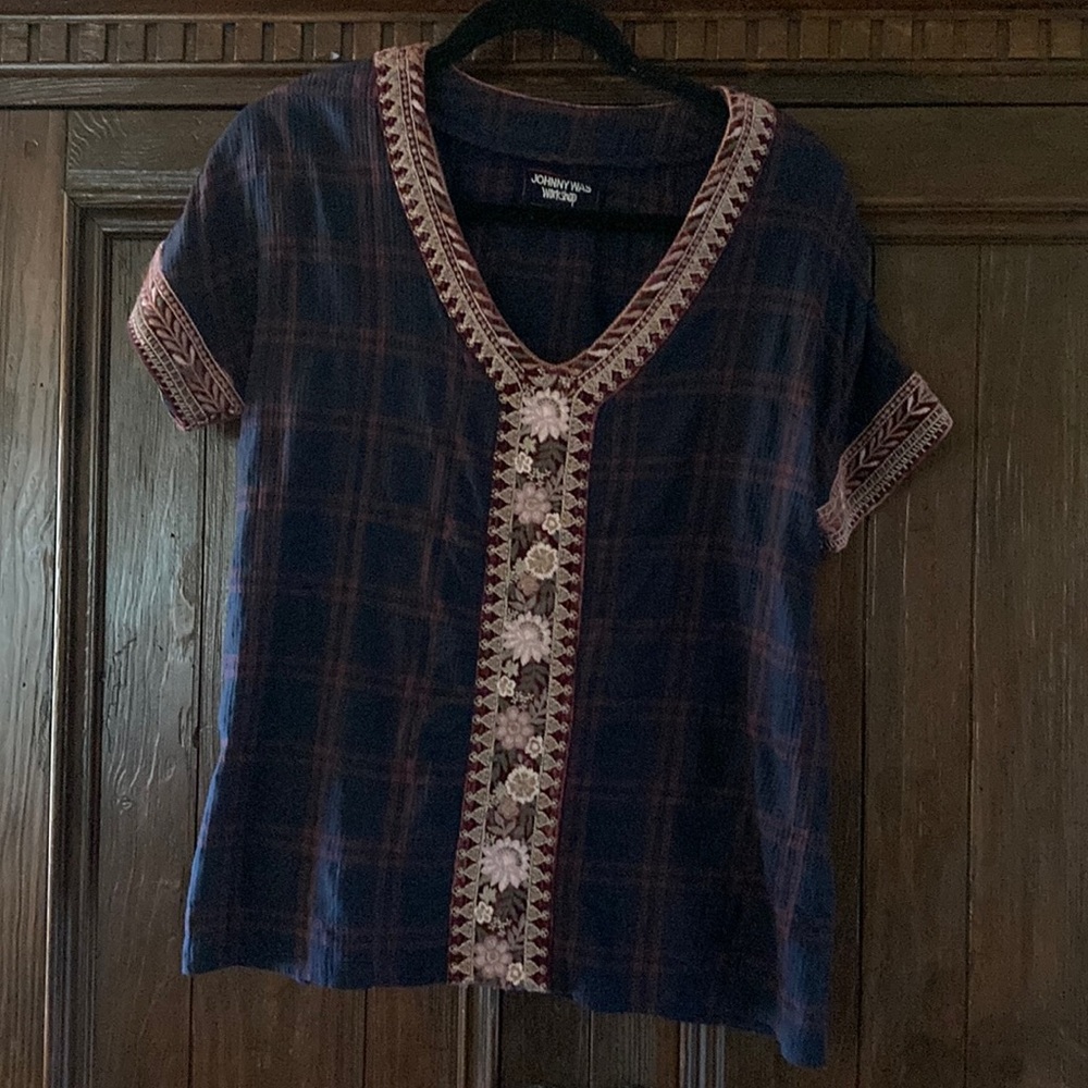 Johnny Was Workshop XS Plaid Embellished Short Sleeve Blouse